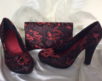 UK 5 EU 38 US 7 Handmade Oriental Black & Red Dragon heels and Handbag set Chinese Satin brocade platform shoes with clutch bag