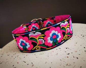 Floral Martingale Dog Collar: Pink Satin Lined Slip-On