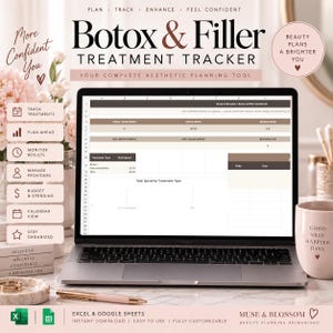 May include: A laptop screen displaying a Botox & Filler Treatment Tracker spreadsheet with columns for total treatments, total spent, and Botox units. The interface includes sections for treatment types, dates, and a chart for total spend by treatment type.