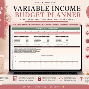 Op de afbeelding: Een digitale budgetplanner voor variabel inkomen op een laptopscherm, met een Excel-dashboard met secties voor inkomen, maandplan en buffer. De lay-out bevat tekstkoppen, pictogrammen en een lijngrafiek voor het bijhouden van financiële gegevens.