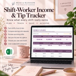 May include: A digital Shift-Worker Income & Tip Tracker spreadsheet displayed on a laptop screen. The interface shows financial data including earnings, tips, and hours worked. The image includes a pink mug, a notebook, and a pen on a desk.