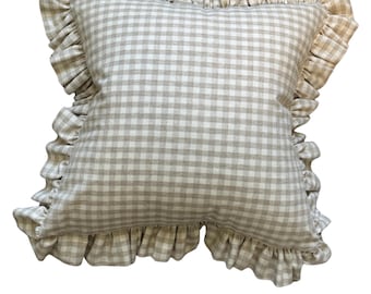 POSIE || Tan and white check linen pillow cover with ruffle