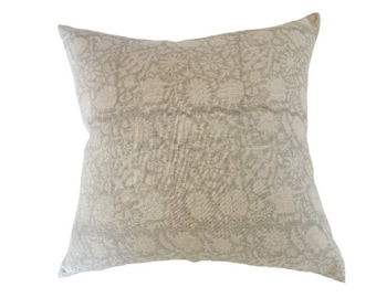 ESME || Light grey linen background flower handblock pillow cover