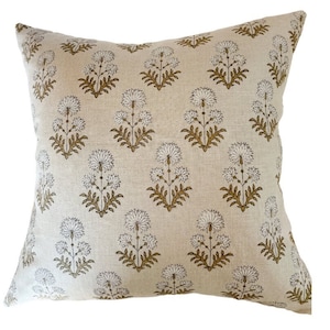 WILLOW || Beige linen background and large white flower handblock pillow cover