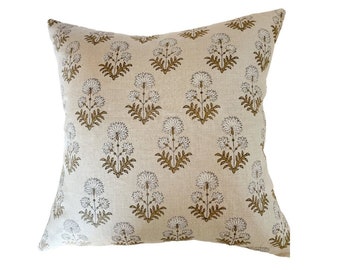 WILLOW || Beige linen background and large white flower handblock pillow cover