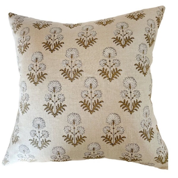WILLOW || Beige linen background and large white flower handblock pillow cover