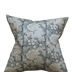ELLE || Soft country blue linen background and large off white flower handblock pillow cover