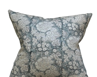 ELLE || Soft country blue linen background and large off white flower handblock pillow cover