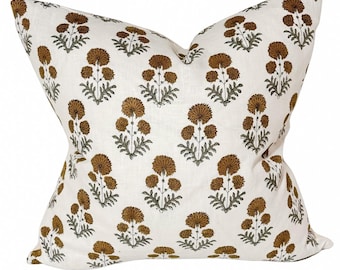 WINNIE || White linen background and large marigold and green flower handblock pillow cover