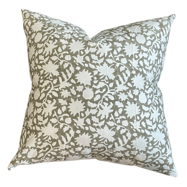 CYLUS || Olive green floral hand block pillow cover