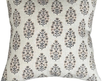 ABIGAIL || Beige large print linen floral hand stamped pillow cover