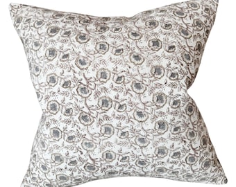 WREN || White, mushroom and soft blue designer floral hand-block pillow cover