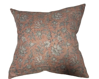 ISLA || Mauve and soft green print linen floral hand stamped pillow cover