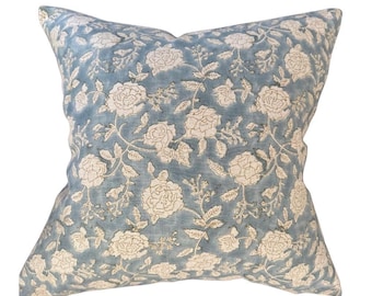 EDITH || Soft blue linen background and large off white flower handblock pillow cover