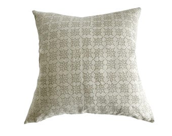 KENTH || Floral beige and olive green designer floral hand-block pillow cover