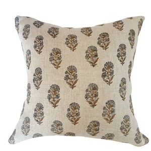 SAGE || Beige linen background and large tan and blue flower handblock pillow cover