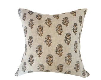 SAGE || Beige linen background and large tan and blue flower handblock pillow cover