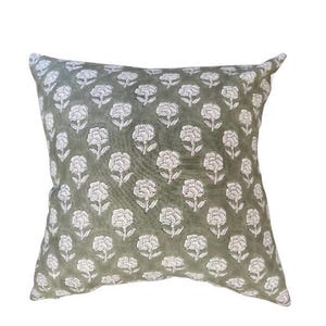 ALPINE || Soft green linen background and large off white flower handblock pillow cover