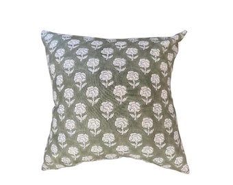 ALPINE || Soft green linen background and large off white flower handblock pillow cover