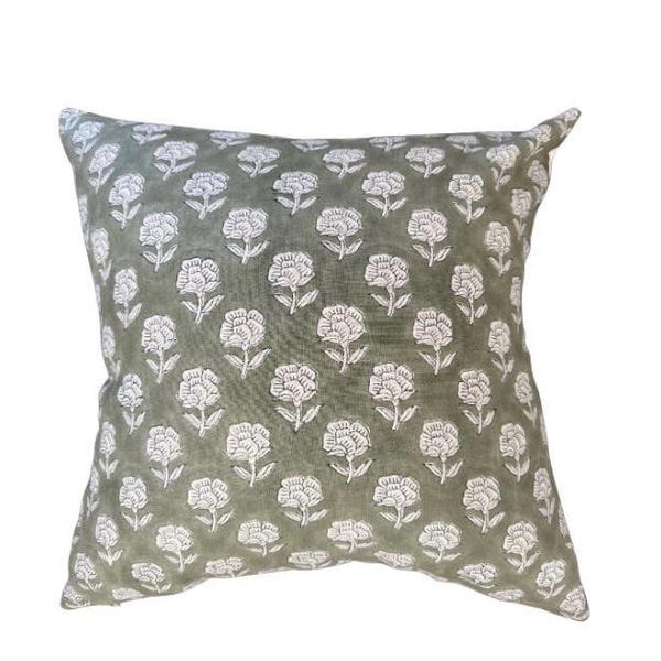 ALPINE || Soft green linen background and large off white flower handblock pillow cover