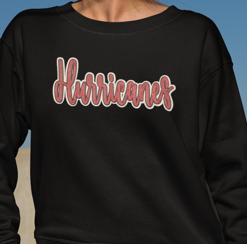 May include: Black sweatshirt featuring the word "Hurricanes" in red with a white outline. The text has a textured, embroidered look. The background is a gradient of blue.