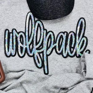 Wolfpack  Applique Cursive Large Silver Sequin Patch Iron On