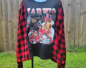 Seth Jarvis Reworked T-Shirt with Red Black Plaid Flannel Sleeves Carolina Hurricanes