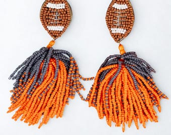 Fußball Orange und Grau Pom Pom Quaste Rocailles Perlen Ohrringe