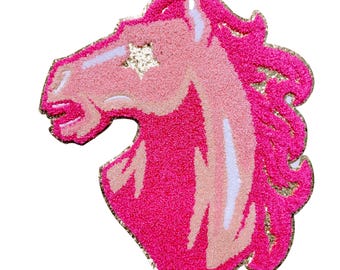 Pferdekopf Chenille Hengst große rosa Flicken Aufbügler Applikation
