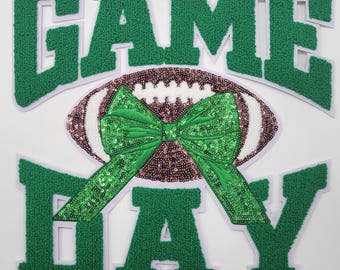 Football Game Day Großer Aufnäher Chenille Pailletten Fußball mit Schleife, Grün Blau Orange Schwarz