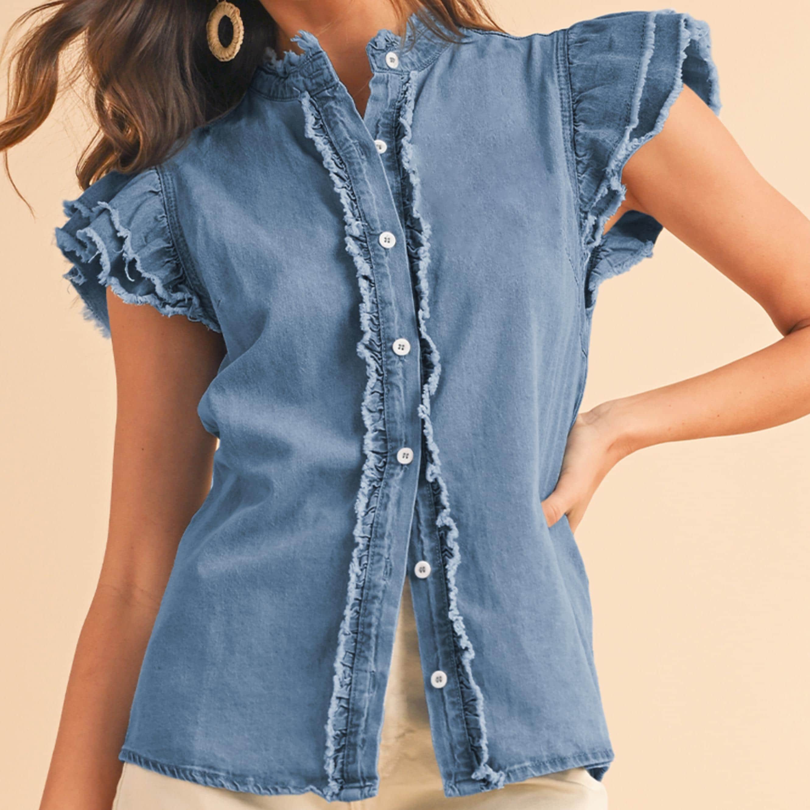 Jabot Chemise En Jean Femme Avec Volant Ruffle Denim Blouse France