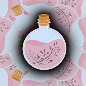 May include: A glass bottle with a cork stopper filled with a pink liquid and a sprig of dried flowers. The bottle is surrounded by other bottles with the same design.