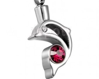Dolphin Cremation Pendant with Red Crystal