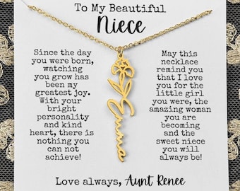 May include: A gold necklace with a flower charm and a personalized nameplate. The necklace comes with a card that reads "To My Beautiful Niece" and includes a heartfelt message about the recipient's growth and potential.