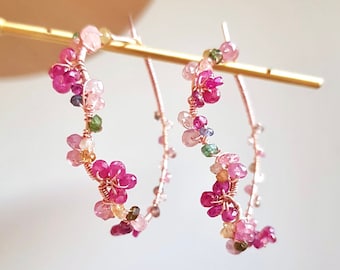 Women's handmade earrings, original creoles in 14K gold filled pink and gemstones, colorful jewel inspired by nature