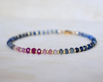 Ruby and sapphire precious stone bracelet, customizable 925 silver or 14K gold filled women's bracelet, handmade gift for women