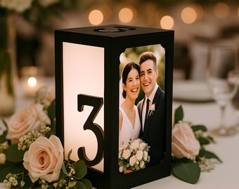 Custom LED Photo Table Lamp | Personalized Wedding & Event Decor | Remote-Controlled Light Centerpiece | Add a Photo, Initials, Table Number