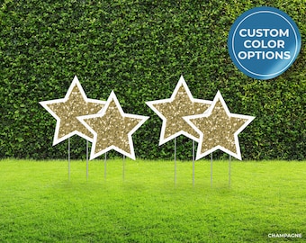 Custom Star Yard Cutouts Set of 4 | 9&quot; Yard Sign Set | Party Lawn Sign Decor | Personalized Yard Card | Glitter Stars | Yard Stakes Included
