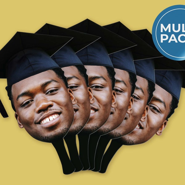 Custom Graduation Handheld Fan Face With Grad Cap | Congrats Grad | Head Cutout on Stick | Graduation 2024 | Multiple Sizes | Multi-Pack