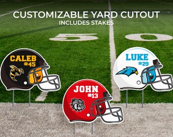 Custom Football Helmet Yard Sign | Personalized Lawn Decor | College, High School, Senior Graduation, Football, Cutout | Includes Yard Stake