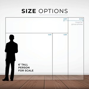 Pu&ograve; includere: Un diagramma che mostra diverse opzioni di dimensioni per uno sfondo. Lo sfondo &egrave; mostrato in una stanza bianca con un pavimento in legno. Una silhouette di una persona alta 1,83 metri &egrave; mostrata in scala. Le dimensioni dello sfondo sono 1,83 x 1,83 metri, 1,83 x 2,44 metri, 2,44 x 2,44 metri e 2,44 x 3,05 metri. Lo sfondo di 2,44 x 3,05 metri &egrave; etichettato "Perfetto per le foto di gruppo".