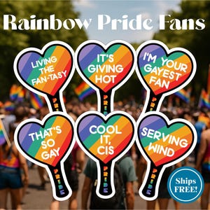 Pride Hand Fans: Rainbow Heart LGBTQ Sayings, 12-Pack