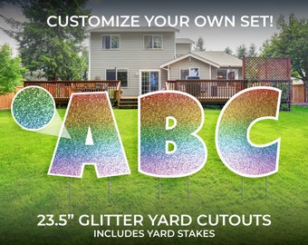 Custom Rainbow Glitter Letter Yard Sign Cutouts | Birthday Party Event Yard Décor | Personalized Yard Letters | 24" Lawn Letters with Stakes