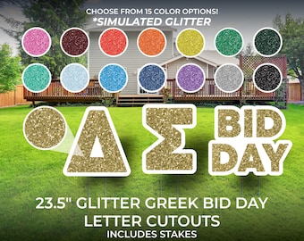 Custom 23.5" SIMULATED Glitter-Look Bid Day Greek Yard Letters: Party Event Sorority and Fraternity Decor with Stakes