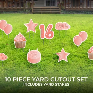 Sweet Sixteen Yard Sign | 10 Piece Cutout Set | Sweet Sixteen Pink Yard Décor | 16 Birthday Yard Card | 16&quot; Lawn Sign with Stakes