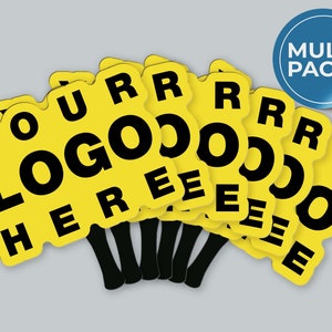 May include: Multi-pack of yellow foam hand signs with black text that reads "YOUR LOGO HERE".