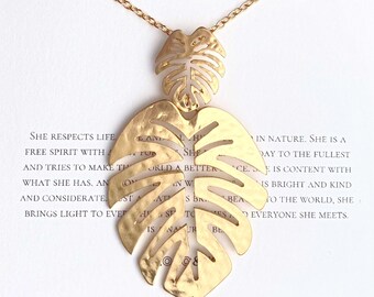 Leaf Necklace with Inspirational Message Nature Lover Natural Beauty Extra Long Chain Gold Silver Necklace