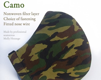 3ply UK Seamstress Face Mask - 100% Cotton, reusable & washable, adjustable fitted nose wire, nonwoven filter layer. Green Camo