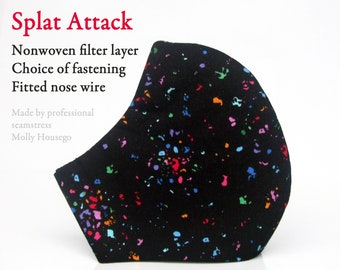 3ply UK Seamstress Face Mask - 100% Cotton, reusable & washable, adjustable fitted nose wire, nonwoven filter layer. Splat Attack