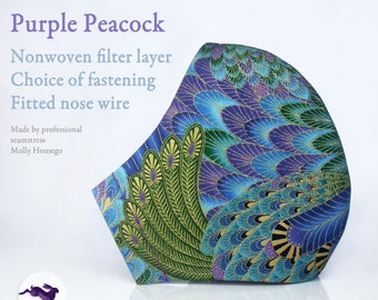 3ply UK Seamstress Face Mask - 100% algodón, reutilizable y lavable, alambre de nariz ajustado ajustable, capa de filtro no tejida. Pavo real púrpura